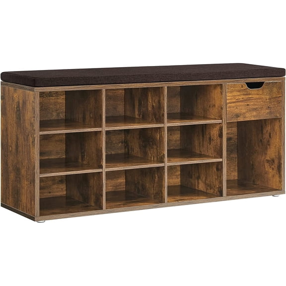 VASAGLE Particleboard Storage Bench with Cushion and Drawer, Rustic Brown, One Piece