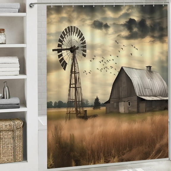 Windmill barn birds printed waterproof shower curtain Bathroom shower curtain Cloth Fabric Bathroom Decor Set with Hooks