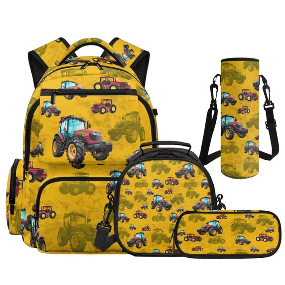 Yspwyqan Vintage Yellow Tractor 4Pcs Boys Backpack Set with Lunch Box Pencil Case Water Bottle Bag, 17 Inch Multi-Pocket Lightweight Bookbag for Elementary Middle School