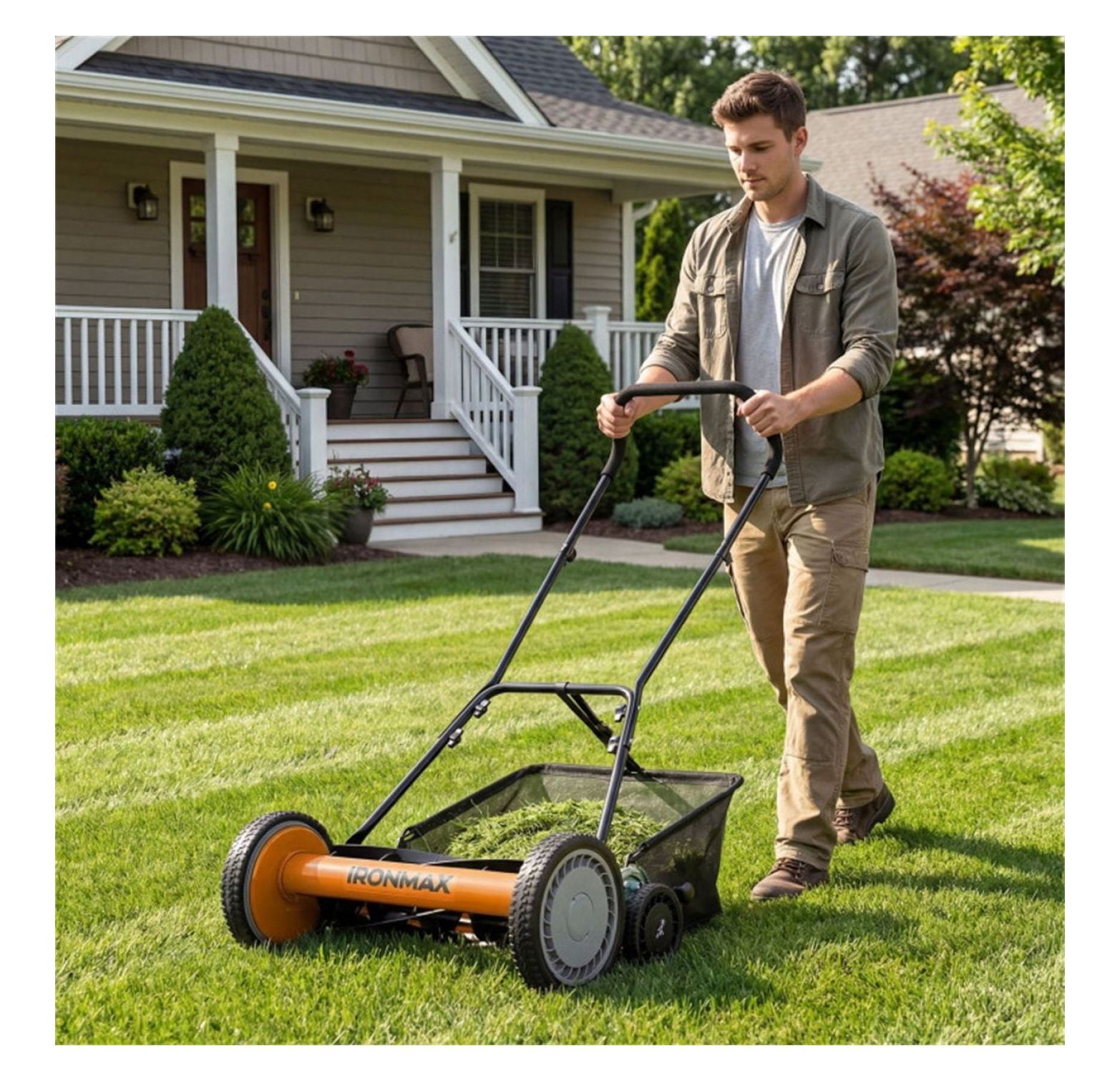 18-Inch Reel Lawn Mower, 5-Blade Manual Walk Behind Mower with Grass Catcher, 4-Height Adjustable Push Mower - Orange