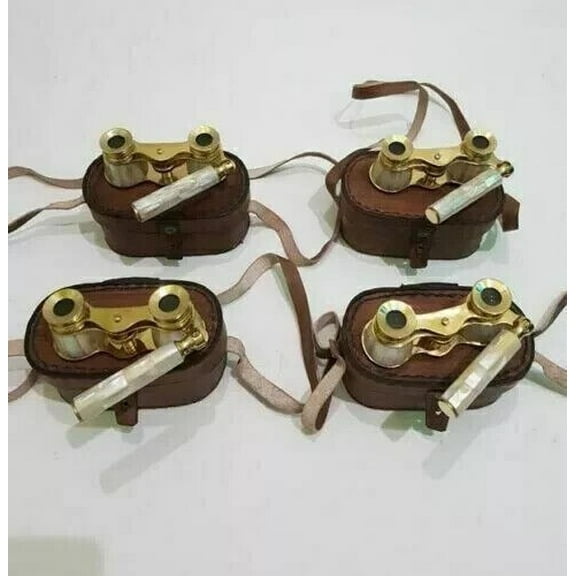 Brass Binocular mother of pearl spyglass Vintage lots of 4 pcs With Leather Box