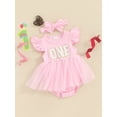 thumbnail image 3 of EYIIYE Barboteuse-Robe d'Anniversaire pour Bébés Filles, Robe de Princesse d'Été pour Nouveau-Né, Combinaison à Manches Volantées, Barboteuses avec Broderie de Lettres, Robe Justaucorps à Col Ras du Cou avec Bandeau, Vêtements Décontractés et Mignons pour Tout-Petits, 3 of 9