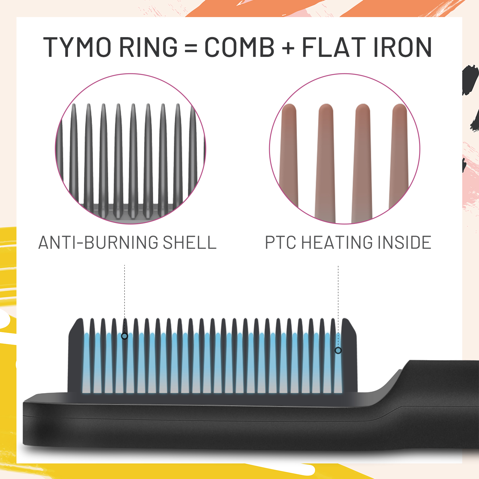 TYMO RING Hair Straightener Brush Black – Hair Straightening Iron with Built-in Comb, 20s Fast Heating & 5 Temp Settings & Anti-Scald - image 5 of 8
