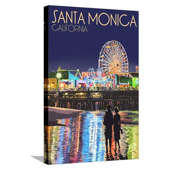 Art.com Santa Monica, California - Pier at Night Stretched Canvas Print Wall Art by Lantern Press, 16" x 24"