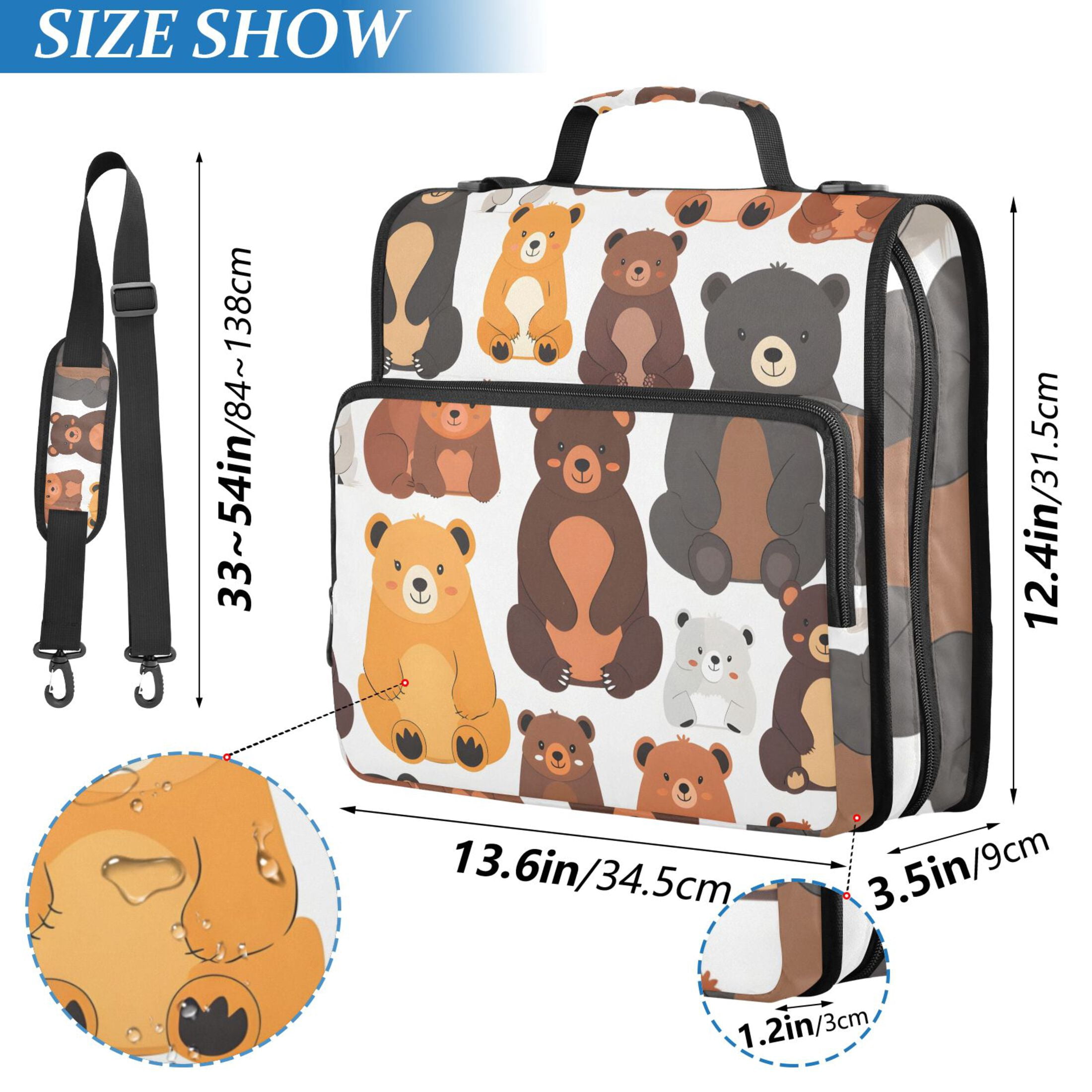 3 Ring Zipper Binder with Shoulder Strap Waterproof Trapper Keeper 2 Inch D-Ring 500 Sheets Capacity Cartoon Bears Family