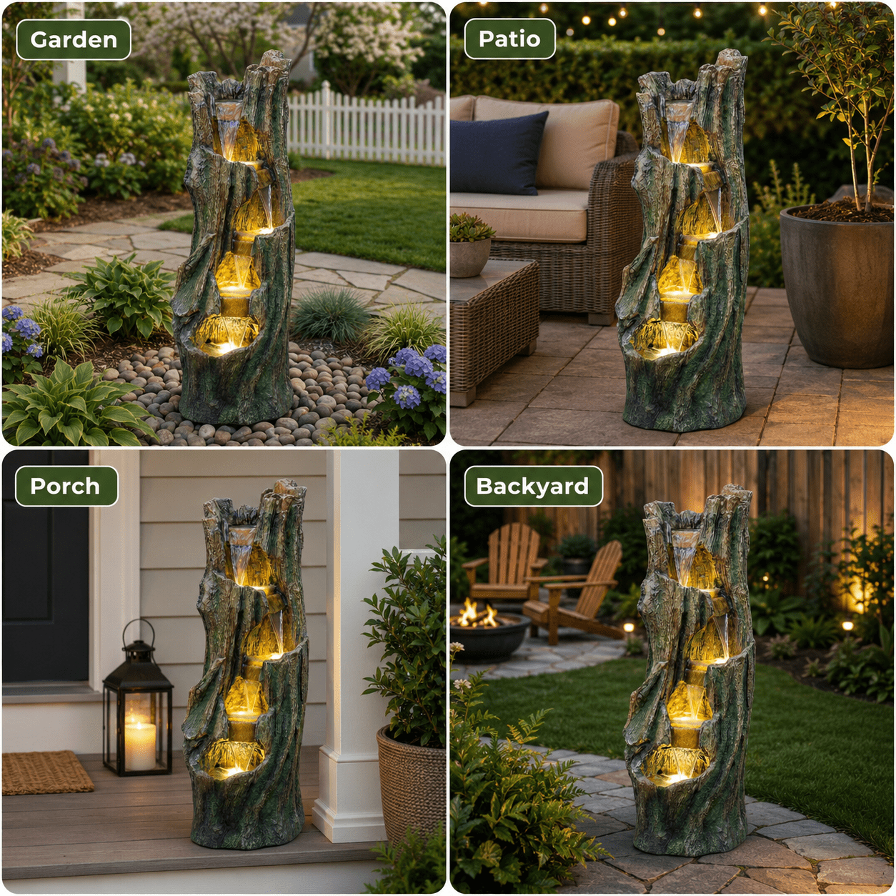 Aukfa Tree Design Outdoor Water Fountain with LED Lights, Tall Resin Waterfall Feature for Patio Garden Backyard,Gray