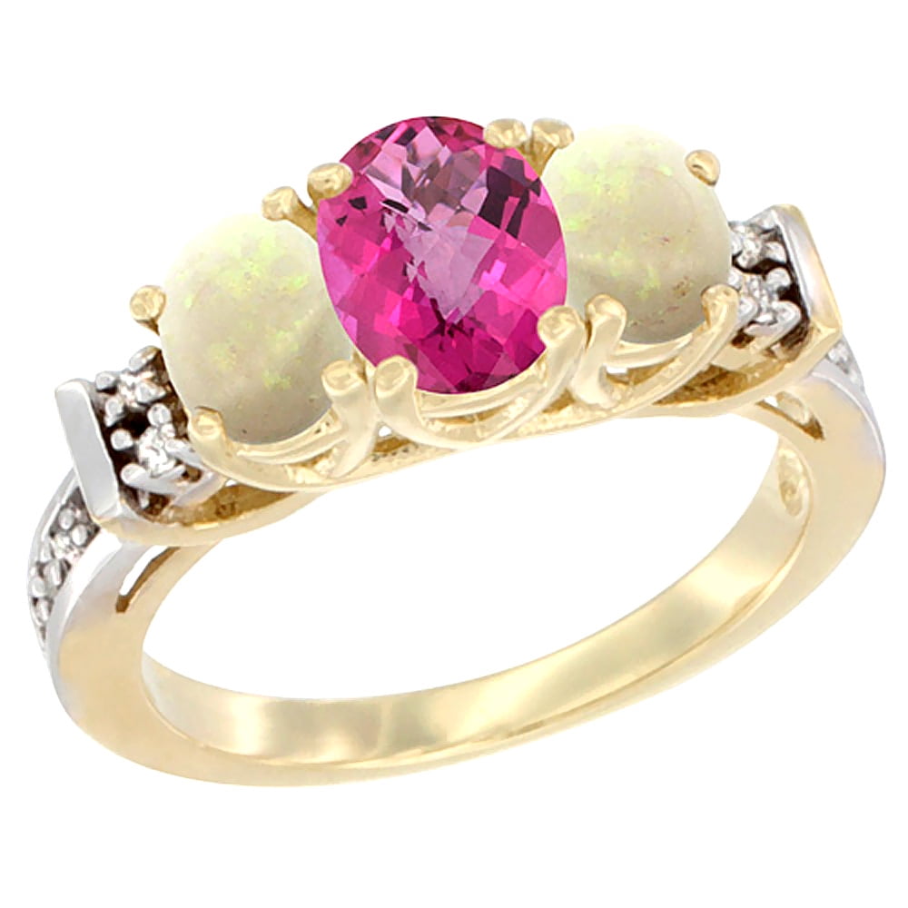 10K Yellow Gold Natural Pink Topaz & Opal Ring 3-Stone Oval Diamond Accent by WorldJewels