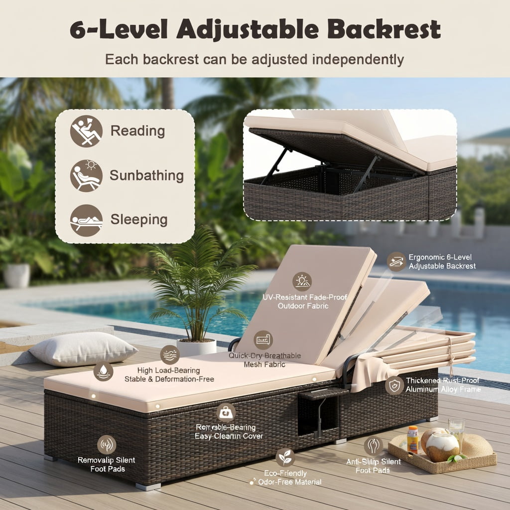 Hommoo Double Chaise Lounge with Adjustable Backrest, Retractable Canopy & Folding Side Tables, PE Rattan Patio Lounger for Backyard, Poolside & Deck, Brown