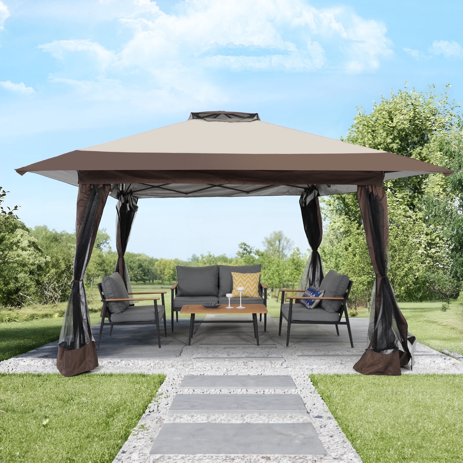JOIVI 13'x13’Patio Gazebo, Outdoor Pop up Gazebo, Canopy Gazebo Tent Shelter with Mosquito Netting, Beige & Brown