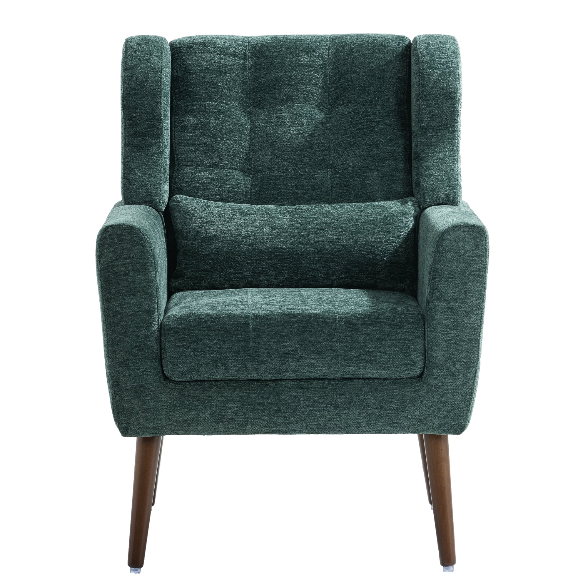 Leumius Modern Accent Chair with Solid Wood Leg, Chenille Armchair with Pillow, Comfy Soft Padded Lounge Chair for Small Space, Bedroom, Living Room Green