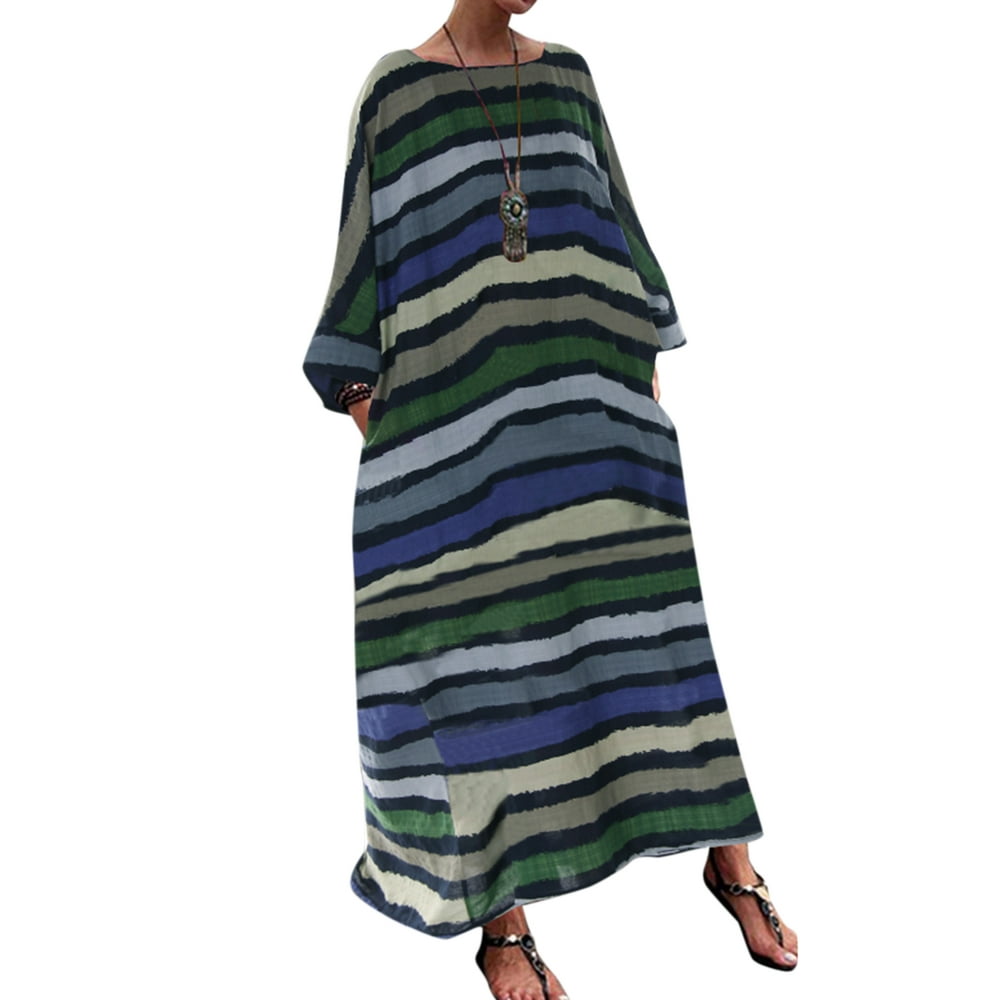 ZANZEA - Plus Size Women O-neck Striped Print 3/4 Sleeve Baggy Long ...