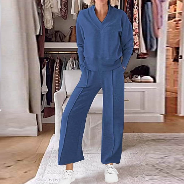 Timdgard Fall Outfits for Women Plus Size V Neck Long Sleeve Pullover Sweatpants Sweatsuit Workout Sets
