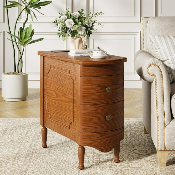 Vividwood Wood End Table with Charging Station, Narrow Side Table with 2 Drawers and Solid Wood Feet, Dark Walnut