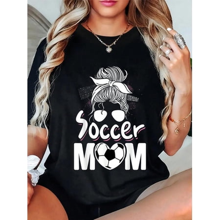 Women's Casual Messy Bun Soccer Mom Graphic T-Shirt