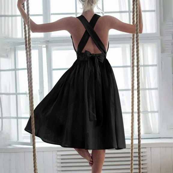 Summer Xqxayjr Women Summer Aline Flowy Swing Maxi Long Criss Cross Dress Wedding Guest Dresses Casual 2025 Cotton Linen Sleeveless Open Back Square Neck Sexy Black Church Dress
