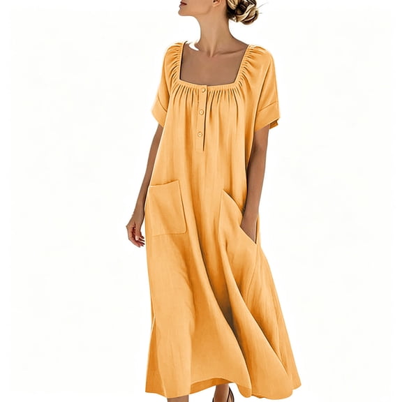 Efsteb Loose Dresses for Women Summer Button Pleated Square Neck Short Sleeve Casual Dress with Pockets Flowy Vacation Dress (Yellow,XXL)