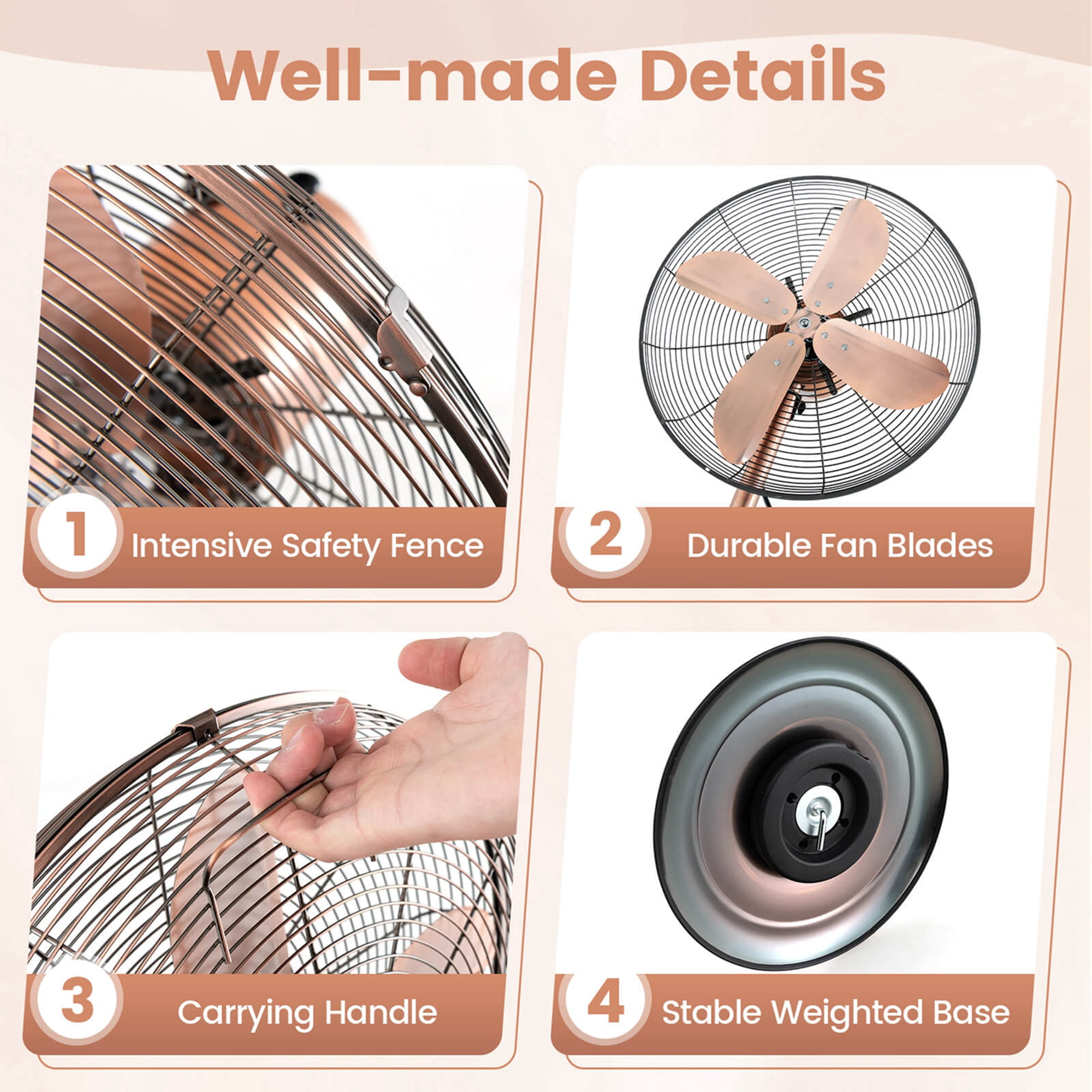 Costway 16" Standing Pedestal Fan with 3 Speed Settings Carrying Handle Aluminum Blades Copper