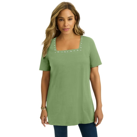 Jessica London Women's Plus Size Stretch Cotton Studded Square Neck Tunic