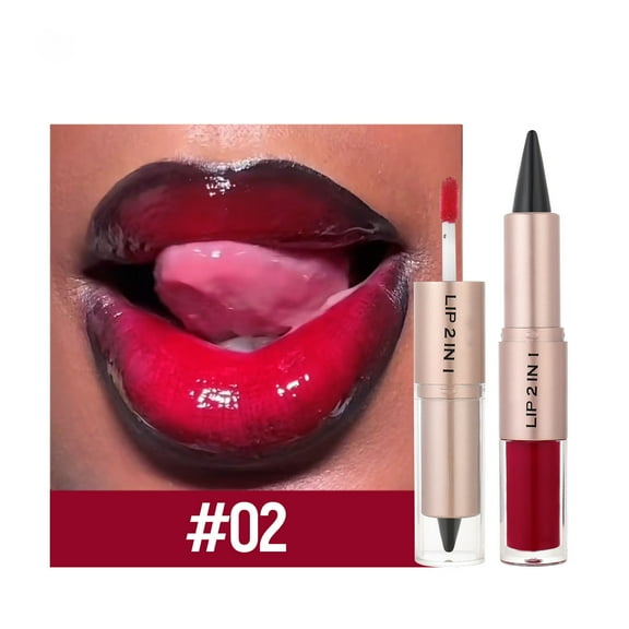 QunYou Lipstick Lip Line Lip Gloss Double Head 2-in-1 Makeup Matte Hook Line Lipstick Mirror Lip Gloss Lip Glaze 2.5ml