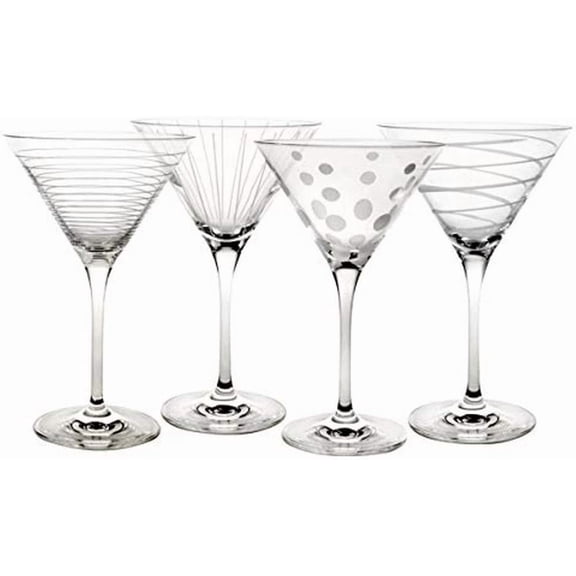 Cheers 10-Ounce Martini Glasses Fun Etched Designs Durable Clear Glass Cocktail Glassware Set of 4 Perfect for Entertaining and Gifting