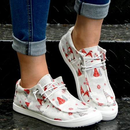 

Women‘s Flat Canvas Shoes Christmas Cartoon Print Slip On Shoes Lightweight Round Toe Loafers