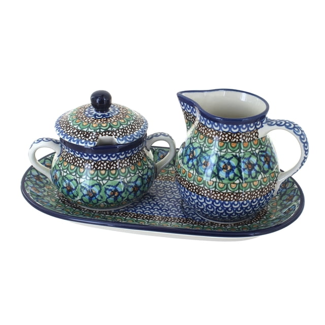 Blue Rose Polish Pottery Mardi Gras Large Cream & Sugar Set with Tray