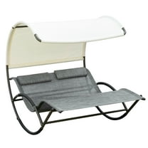 Topcobe Outdoor Double Chaise Rocking Chair, Day Bed Sun Lounger with Canopy Shade, Headrest Pillow, Armrests for Garden, Poolside, Outdoor Patio Furniture for Backyard Pool Deck, Light Gray