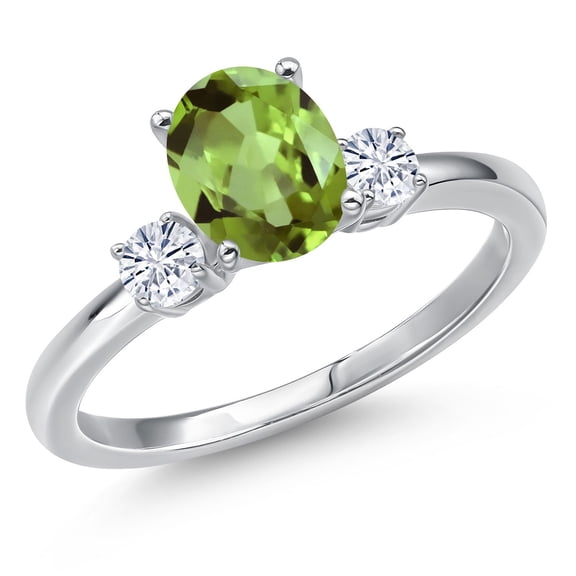 Gem Stone King 14K White Gold Green Peridot and White Moissanite Engagement Ring for Women | 1.62 Cttw | Oval 8X6MM | Gemstone August Birthstone | Size 6