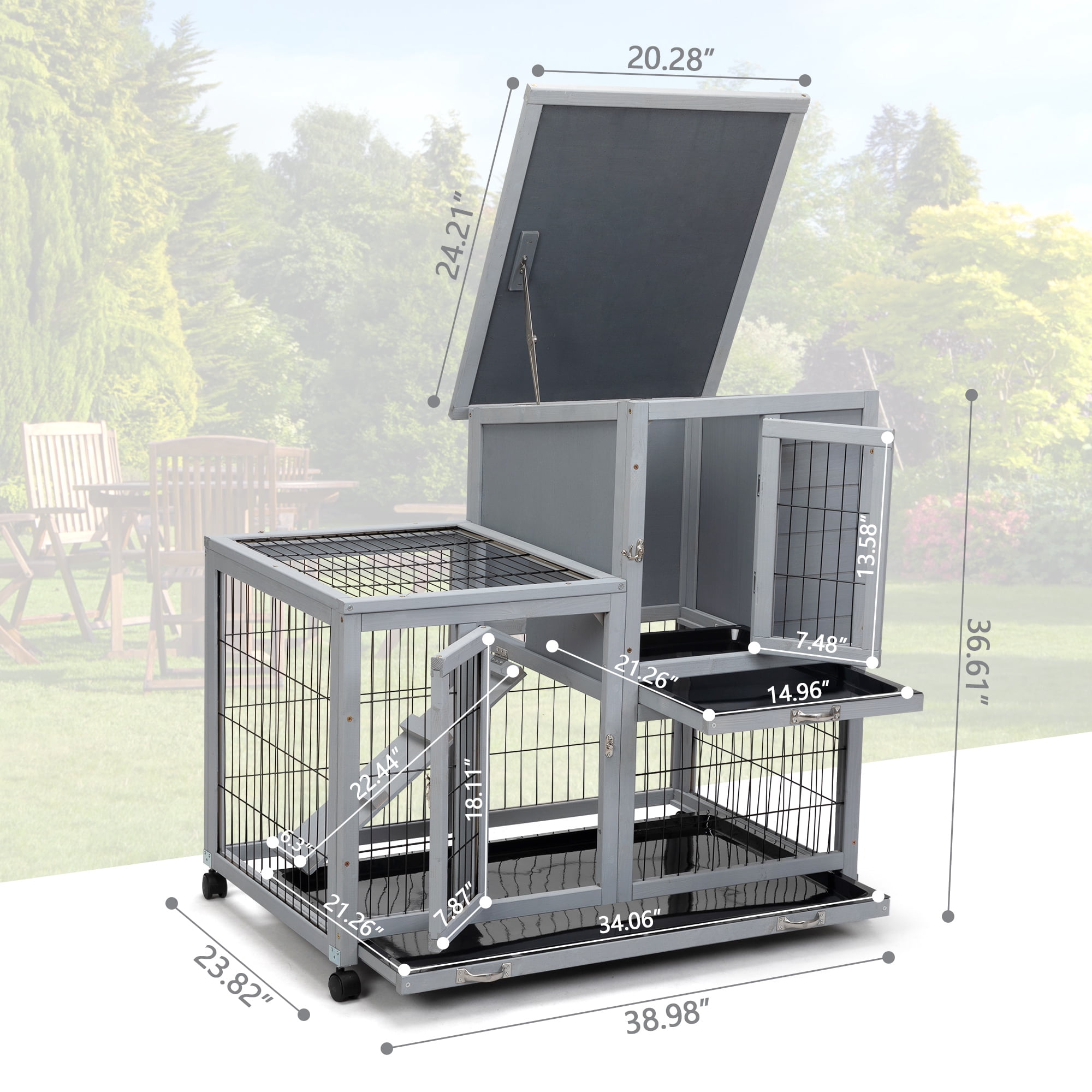 Pefilos 39" Waterproof Chicken Coop for Outdoor, Indoor Rabbit Hutch, Wood Hen House with Rolling Casters, Removable Tray, Gray