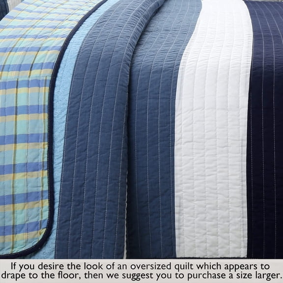 Reversible Navy Blue Striped Quilt Bedding Set, Twin 2-Piece 100% Cotton Coverlet with Sham, Breathable Bedspread for