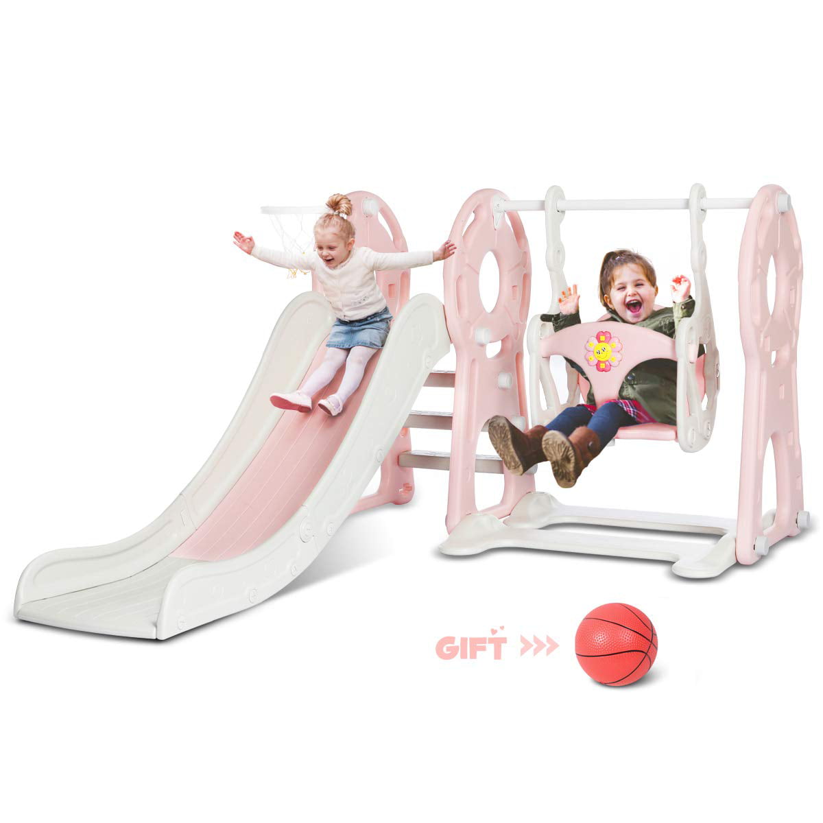 KingSo Slide and Swing Set for Toddlers 4 in 1 Combination Climber Slide Playset Basketball Hoop 63 Extra Long Slide Easy Climb Stairs Easy Set Up Baby Kids Playset for Indoor & Backyard Pink