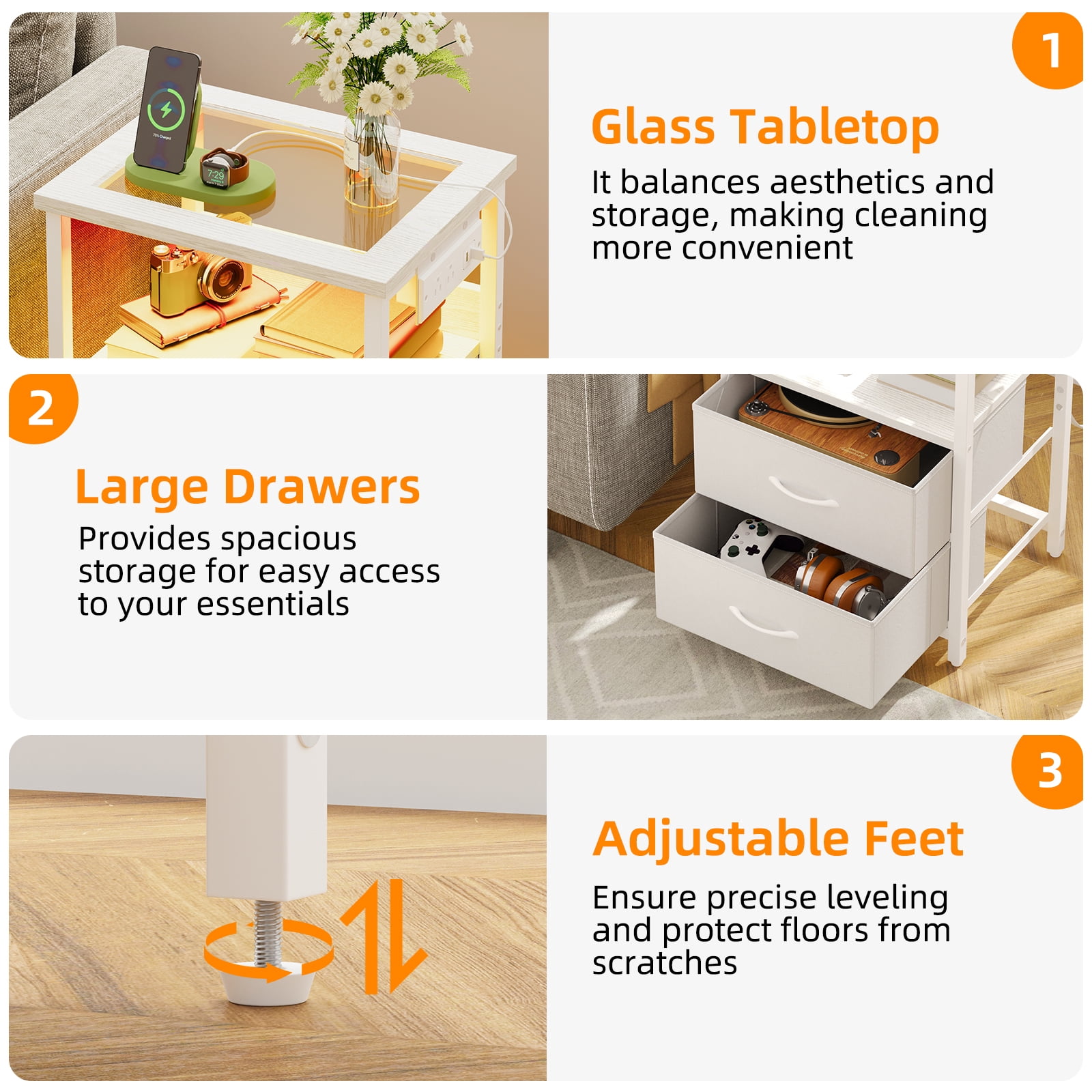 Tomnk LED Nightstand with Charging Station, Modern Bedside Table with Glass Top, USB Ports & Power Outlets, 2 Fabric Drawers Storage End Table for Bedroom, White