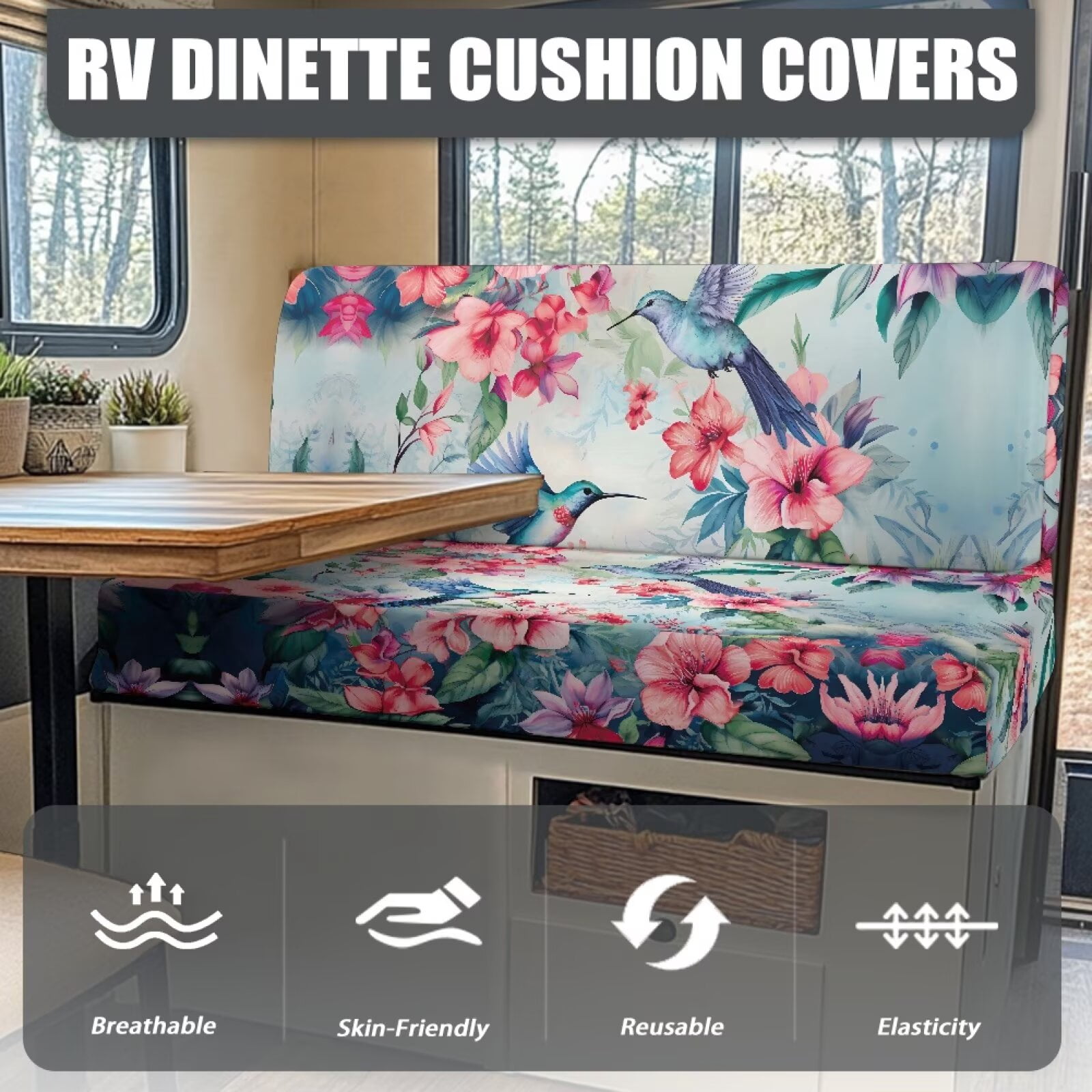 XYZCANDO Hummingbird Floral RV Dinette Cushions Stretchable RV Accessories for Inside Universal Bench Cushion Comfortable Couch Cushion Covers Stylish Camper Accessories for Inside Slipcovers Blue