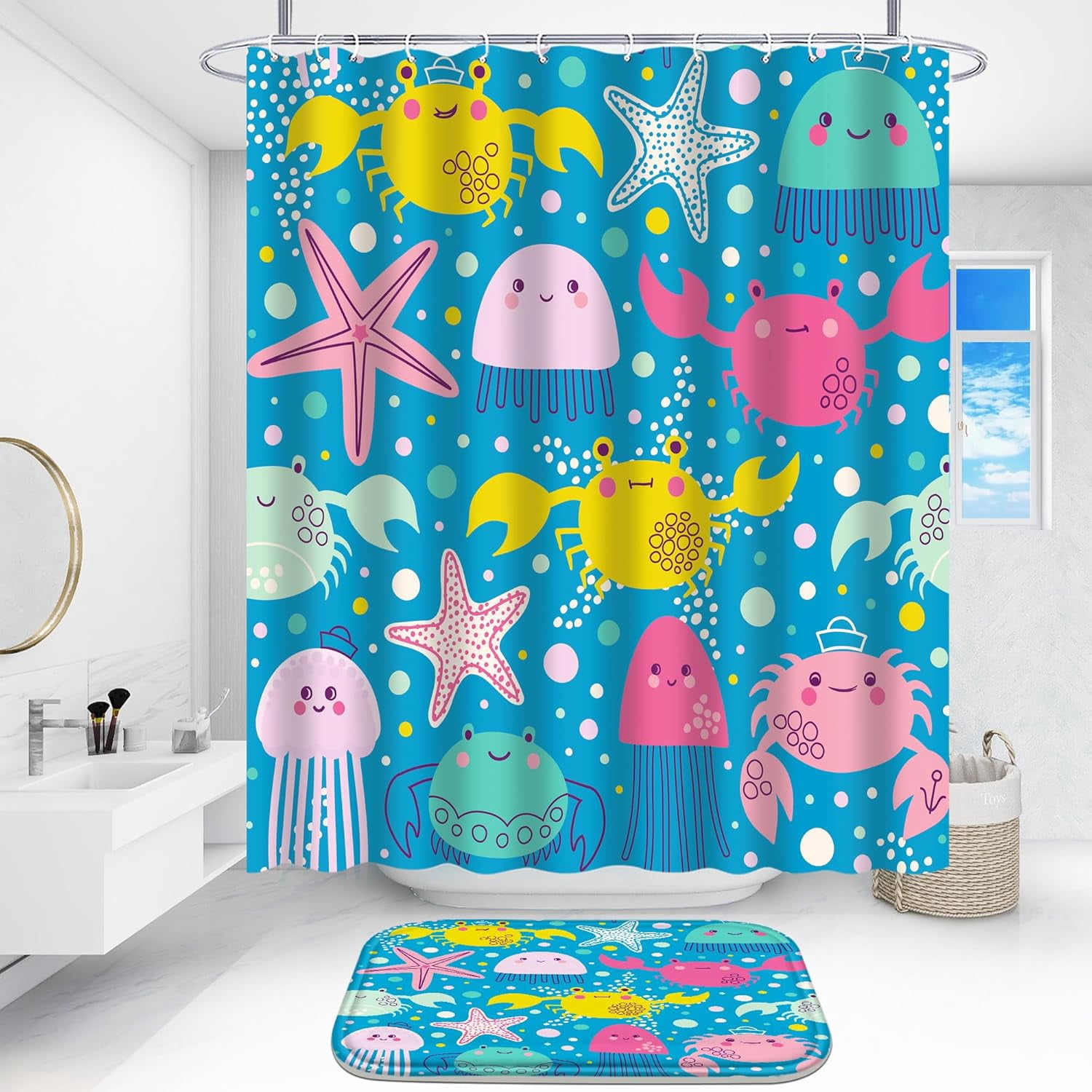 4 Pcs Bathroom Shower Curtain Set,Kid's Bathroom Set,Baby Octopus Shower Curtain Sets with Rugs(Bath Mat,U Shape and Toilet Lid Cover Mat) and 12 Hooks