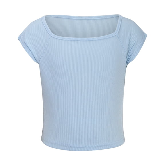 AWZXDE Girls Ribbed Knit Crop Top Short Sleeve Tee Square Neck Raglan Basic Casual Shirt For Kids Toddler Youth Light Blue,4-5 Years