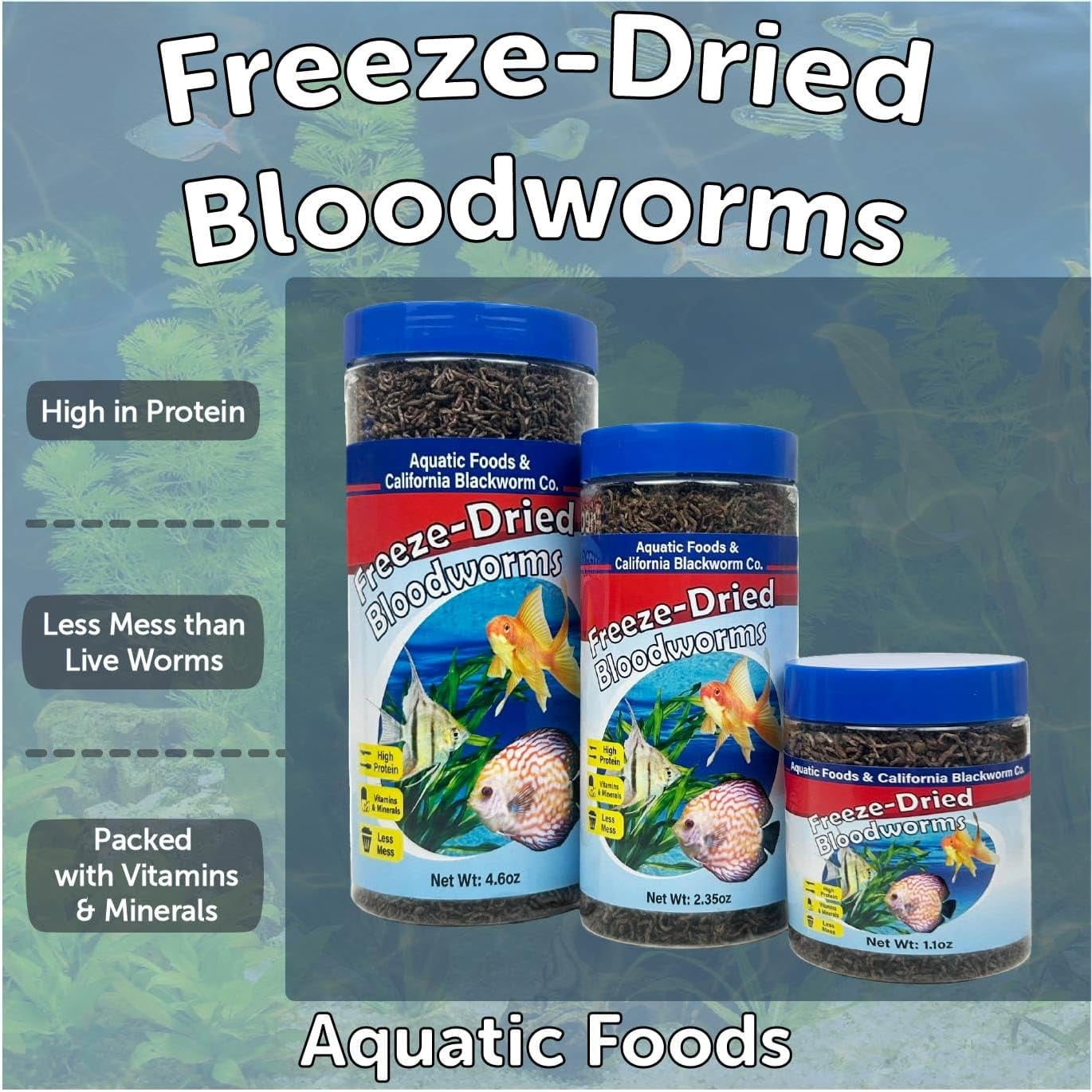 Bloodworms, Grade A Freeze Dried Bloodworms for Cichlids, Discus, Angel Marine Fish, Bettas All Tropicals Wafer & Pellet Mix Included 4.6oz Canister