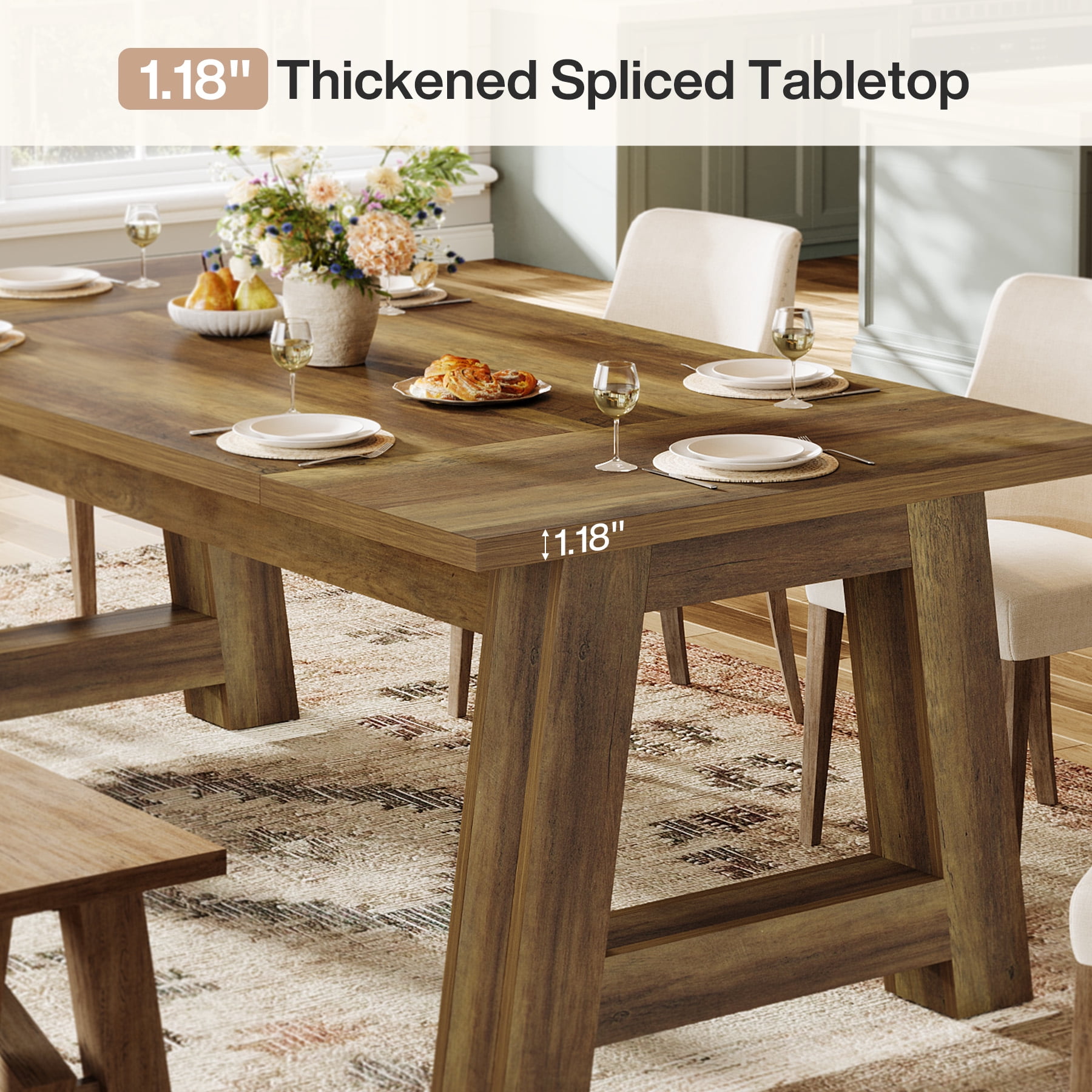 Tribesigns 70.5'' Long Dining Table for 6-8, Farmhouse Wooden Kitchen Table with Sturdy Legs for Home, Dining Room