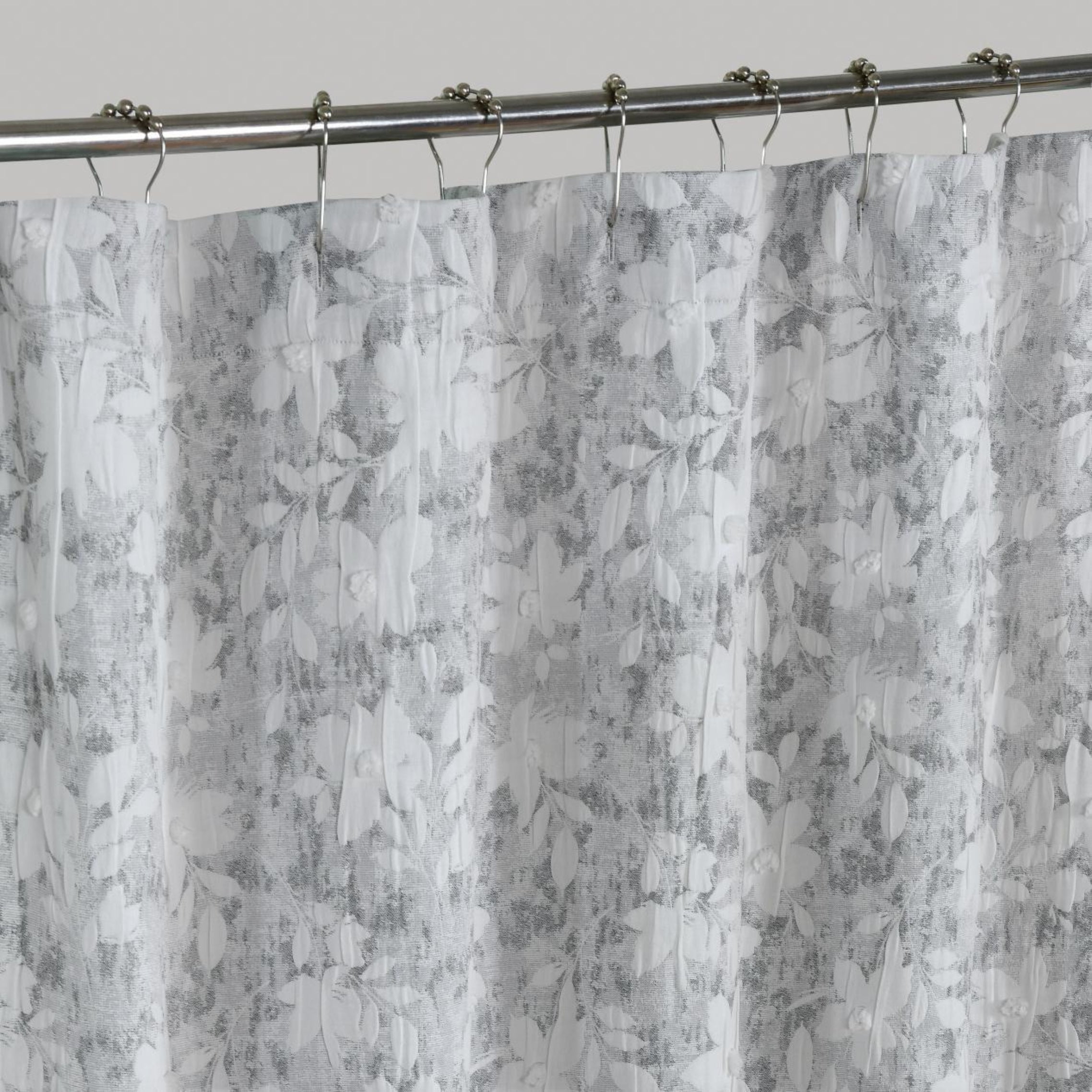 Dainty Home Laureen Floral Jacquard Shower Curtain with Textured Puffs, Polyester Fabric, 72 x 72 Inches