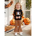 thumbnail image 3 of RUINIXCW Toddler Girls Halloween Outfits Ghost Embroidery Bow Long Sleeve Sweatshirt and Elastic Plaid Flare Pants Set, 3 of 8