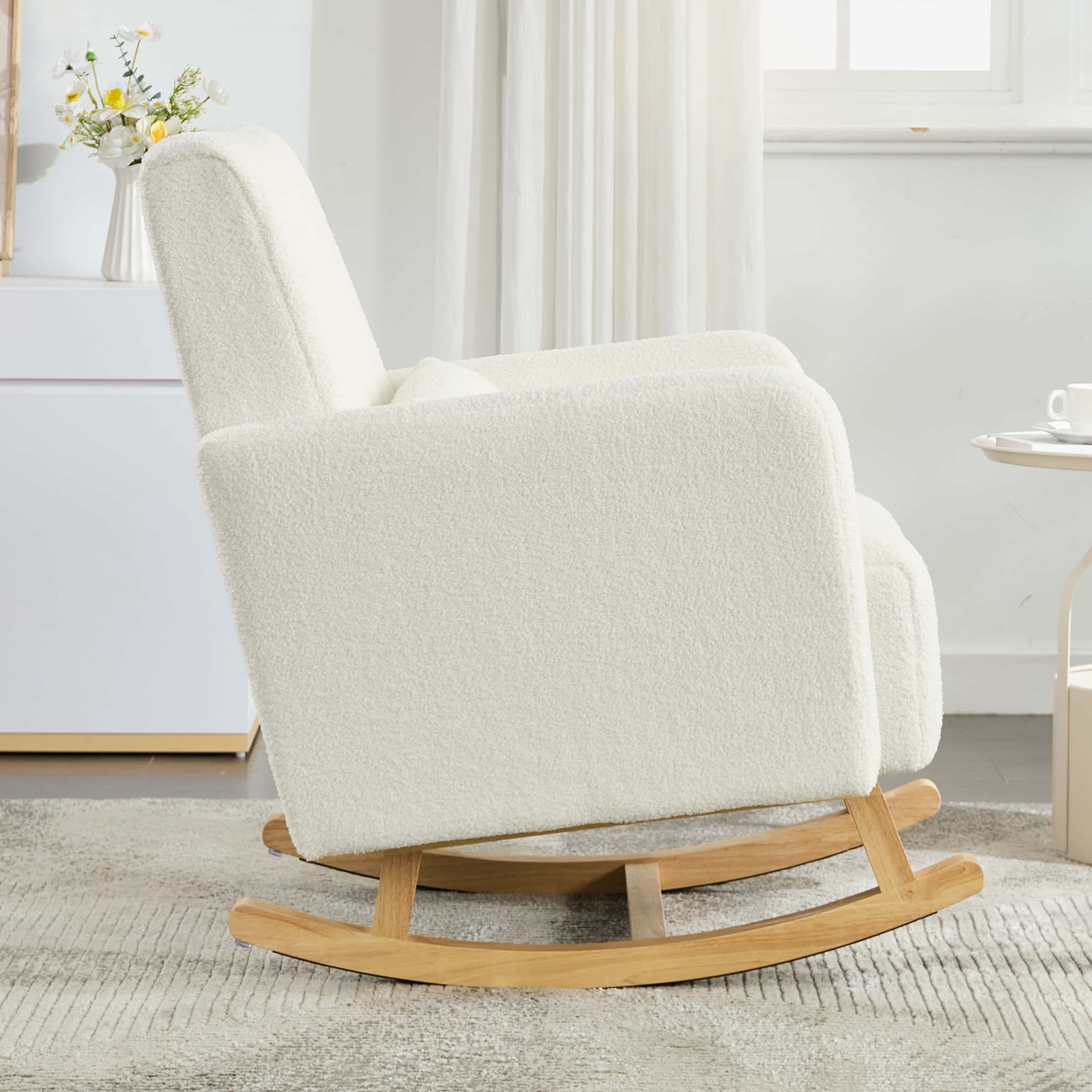 Miniyam Accent Rocking Chair with Pillow, Teddy Velvet,Cream White
