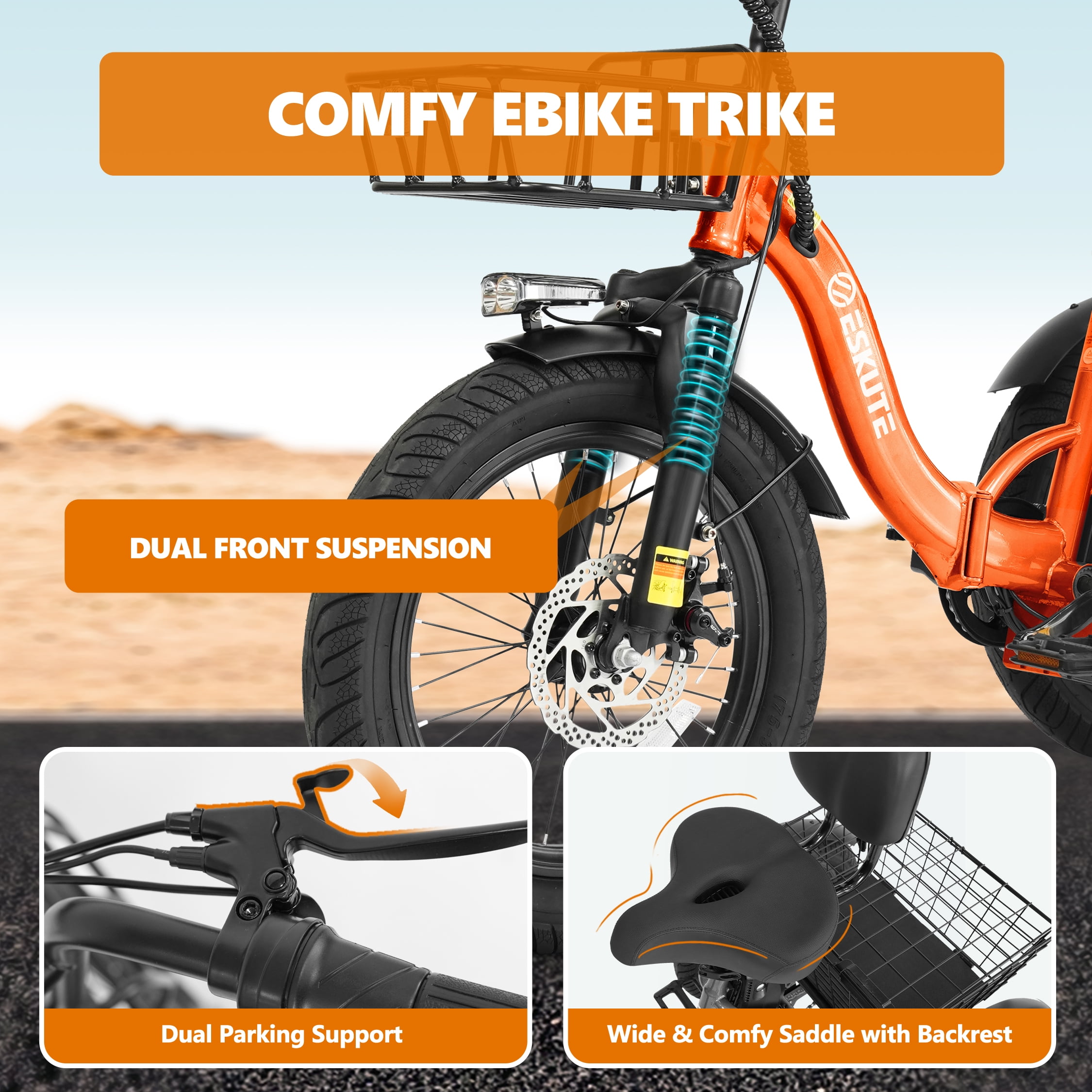 ESKUTE Orange E Trike Electric Bike, Peak 1200W Brushless Motor Folding Trike 18X3.0 Fat Tire Ebike, 499Wh Removable Battery, Step-Thru 3 Wheel Electric Bicycle, 48V 13AH 18MPH+ Tricycle for Adults