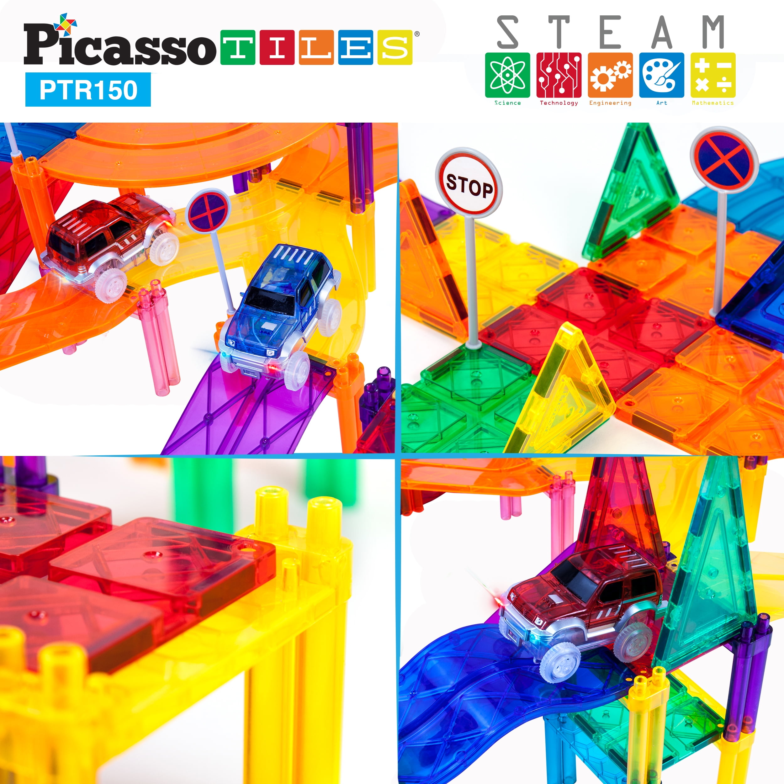 Details about   PicassoTiles 150 Piece Race Car Track Building Block Educational Toy Set Magn... 