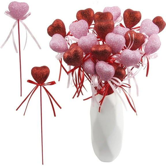 Valentine's Day Glitter Puffy Heart Picks Foam Sparkly Sticks Puffy Sparkly Heart Sticks,Valentines Day Floral Picks for Flower Arrangements Floral Bouquet Holiday Party Decorations,12 Pcs