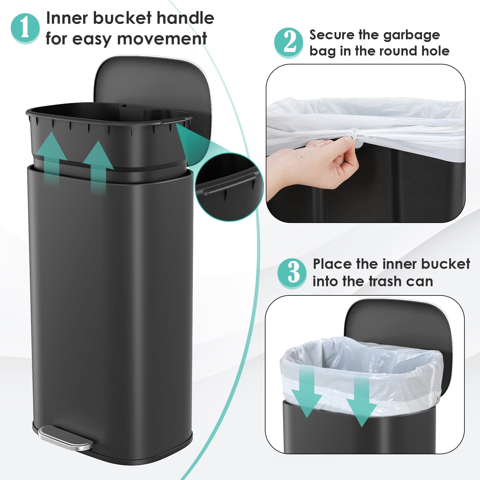 TLSUNNY 8 Gal Kitchen Oval Step Trash Can, Brushed Stainless Steel Kitchen Garbage Bin with Soft-Close Lid & Removable Bucket for Home/Office