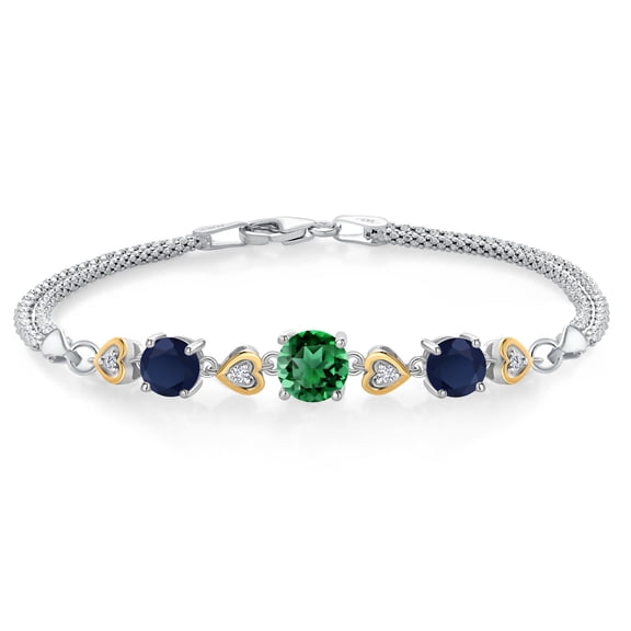 Gem Stone King 925 Sterling Silver and 10k Yellow Gold Green Nano Emerald Blue Sapphire and White Lab Grown Diamond Bracelet for Women (3.50 Cttw, Round 7MM and 6MM, 6.5/7/7.5 inch, Made in Italy)
