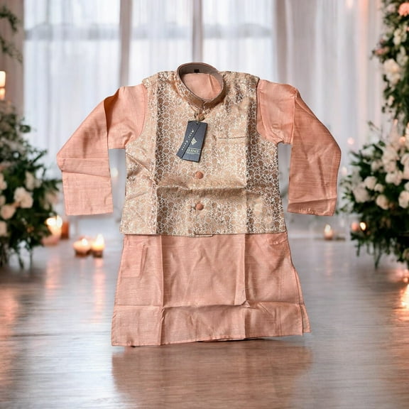 Peach Silk Traditional Kurta Pajama Set with Matching Vest, D6420, Cultural Wear