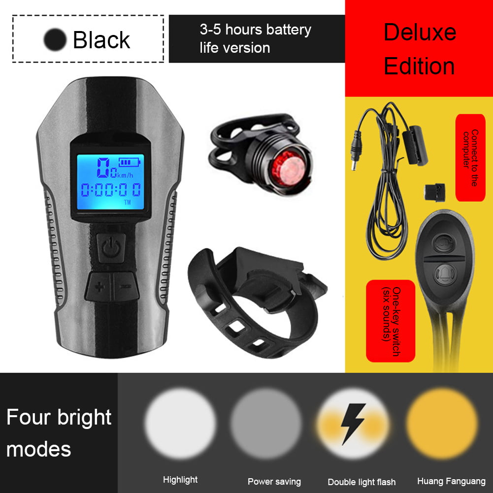 USB Rechargeable LED Bicycle Headlight Bike Front Rear Light w/ Horn Speedometer 