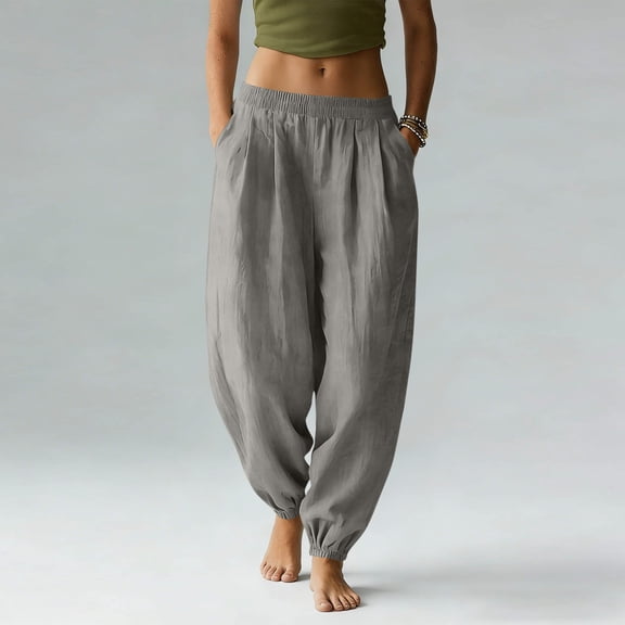 YueHuiYing Women's Casual Solid-Color Pleated Stretch Waistband Cuffed Pocketed Cotton-Linen Blend Pants