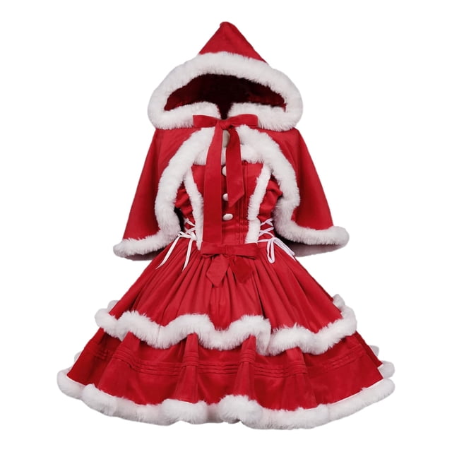 Kcodviy Chaperon Rouge de Noël Grande Taille Robes d'Été pour Femmes / Robe de Fille Burlesque / Robes d'Été pour Femmes Travail Décontracté Tenue de Cosplay du Père Noël / Robe Midi en Lin Robe à Bretelles avec Cape