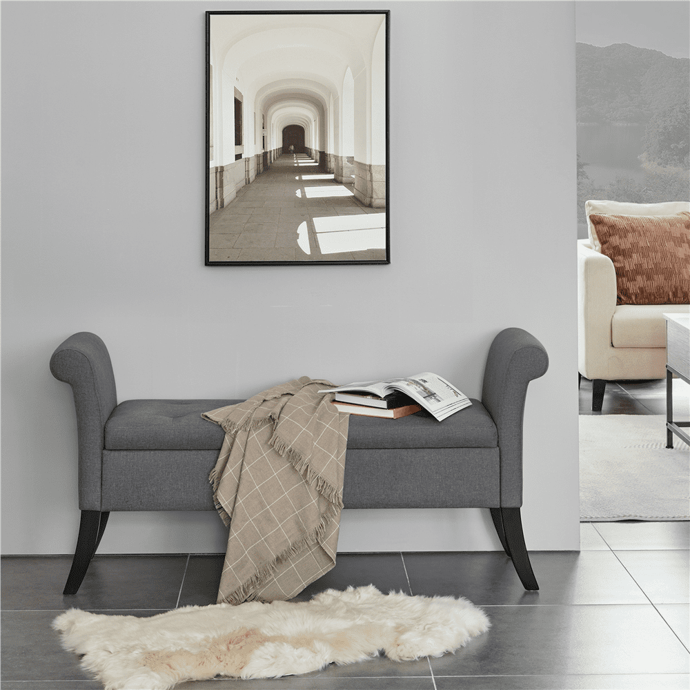 Yaheetech Modern Fabric Tufted Storage Bench Cushioned Ottoman Bench with Rolled Arms, Dark Gray